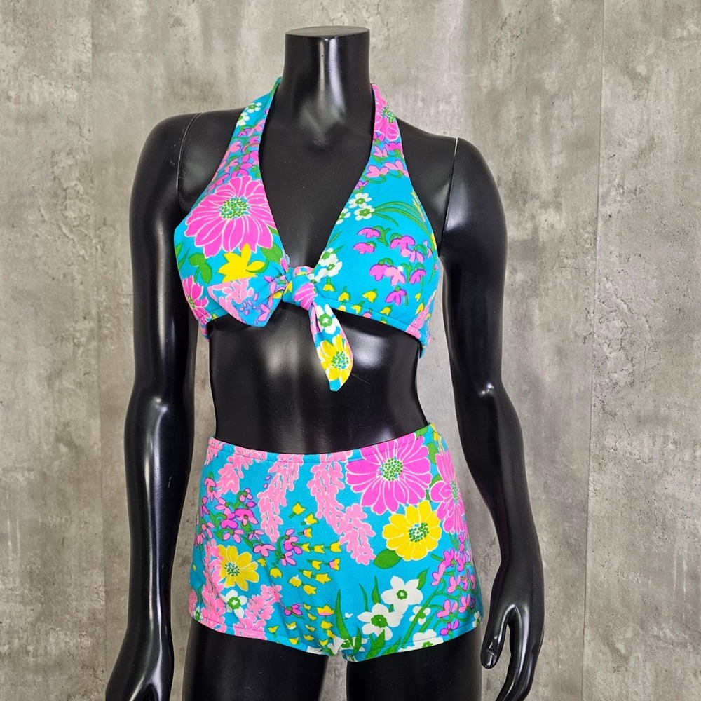 Vintage 70s Parform Originals Floral Bikini Tiki High Waist S Malibu Mod - Picture 1 of 12